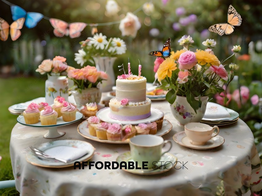 A table with a cake and flowers