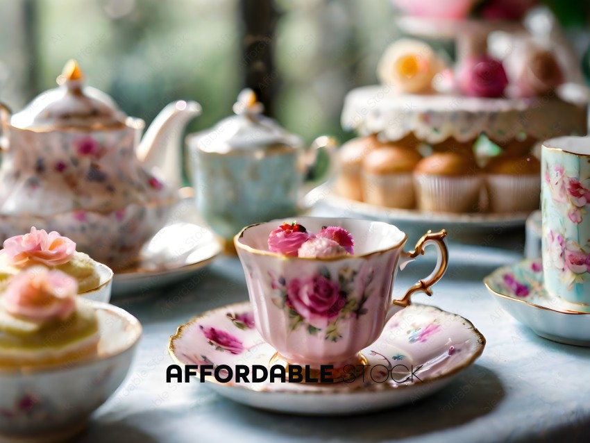A table with tea cups and cakes