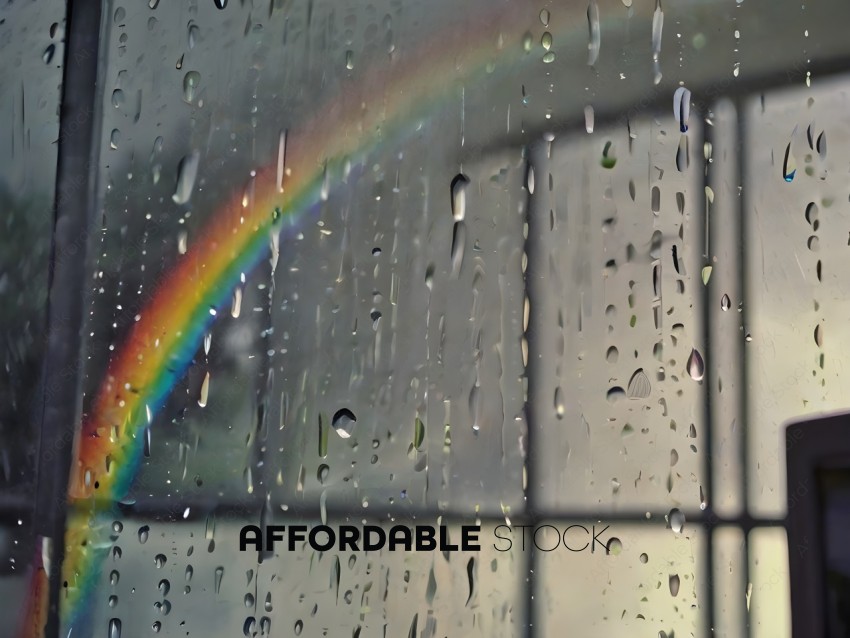 Raindrops on a window with a rainbow