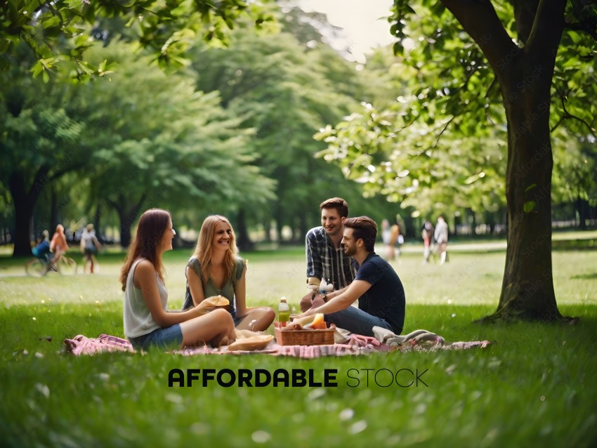 Four people sitting on the grass eating and drinking
