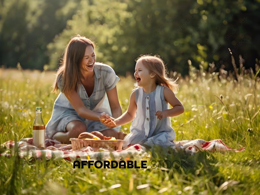 A woman and a little girl are sitting on the grass and eating