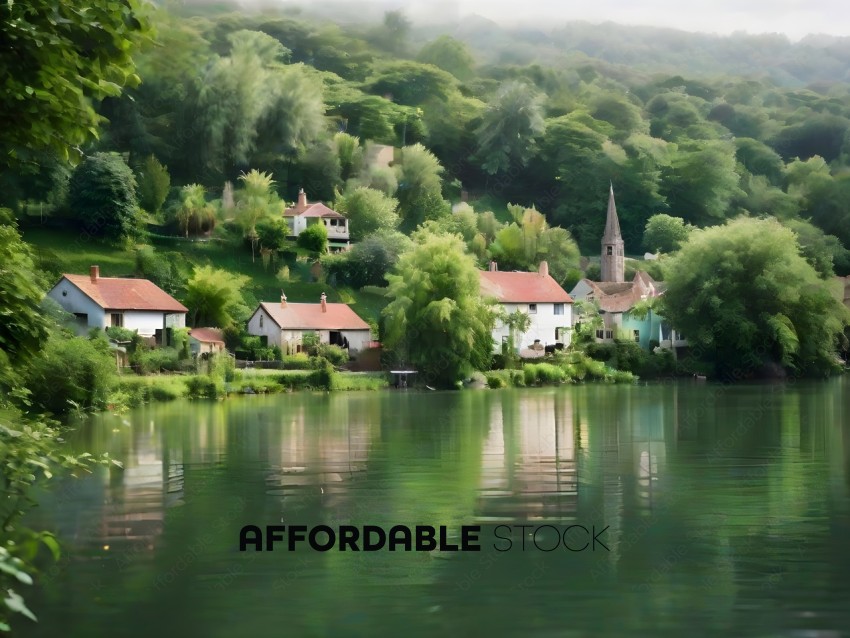 A picturesque village with a lake and a church