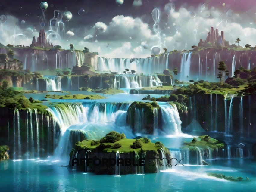 A fantasy world with waterfalls and a city in the background