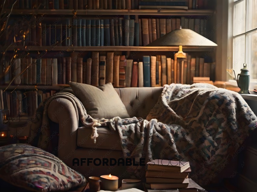 A cozy reading nook with a lit candle and a pile of books