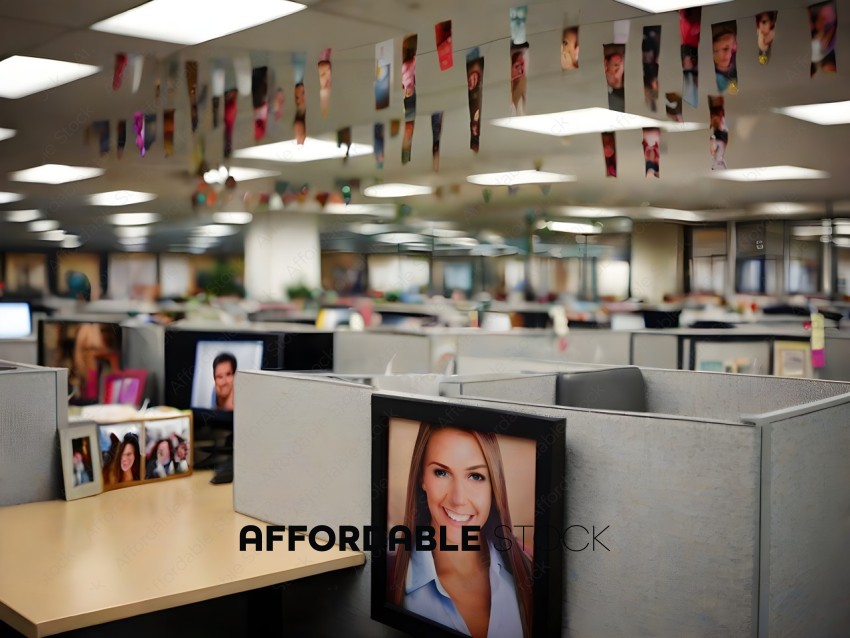 A cubicle with a picture of a smiling woman on the wall