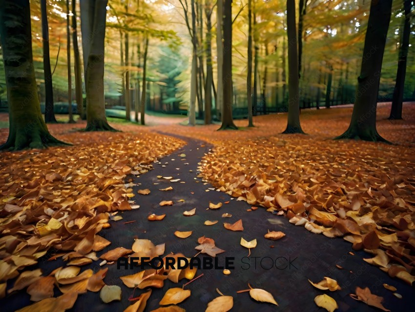 A pathway through a forest with leaves on the ground