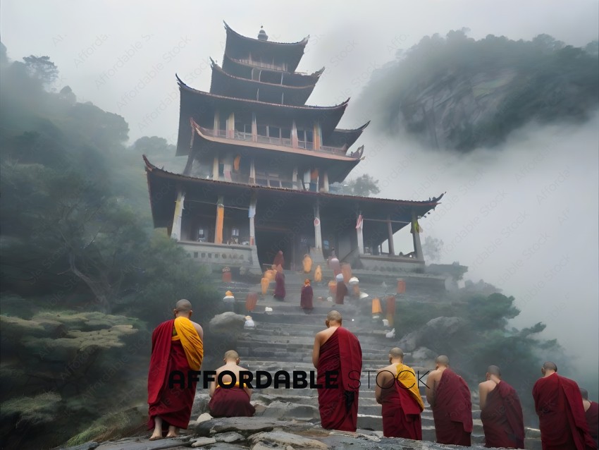 Buddhist monks in orange robes sitting on steps in front of a pagoda