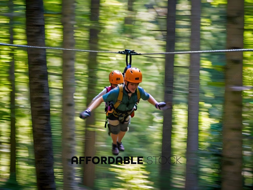 Two people wearing helmets are suspended in the air
