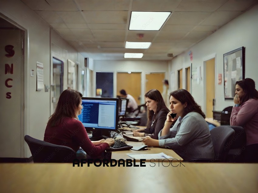 Three women working at computers in an office