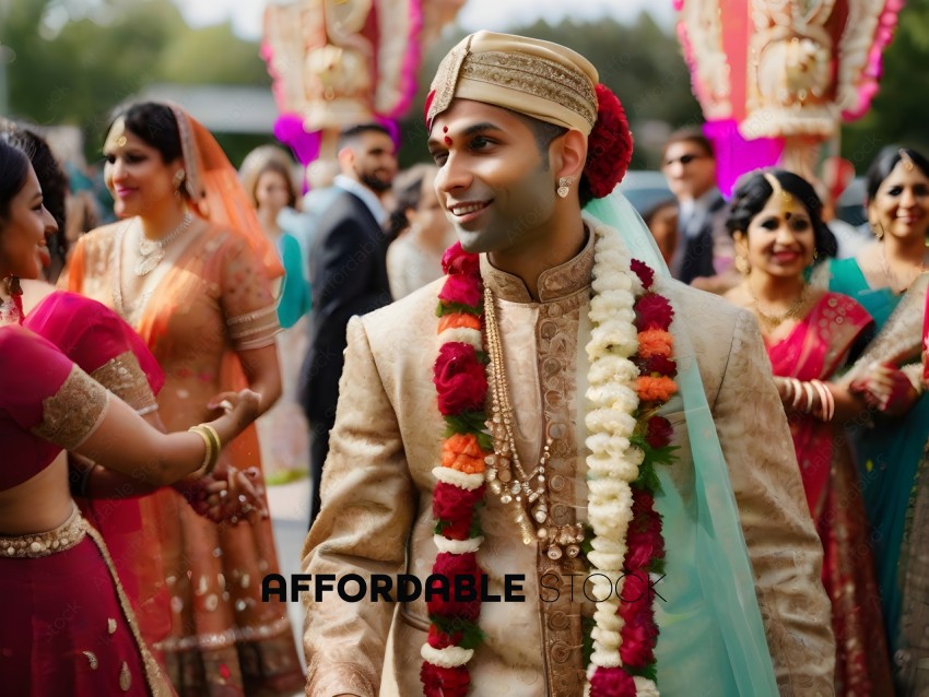 A groom wearing a traditional Indian outfit with a flower necklace