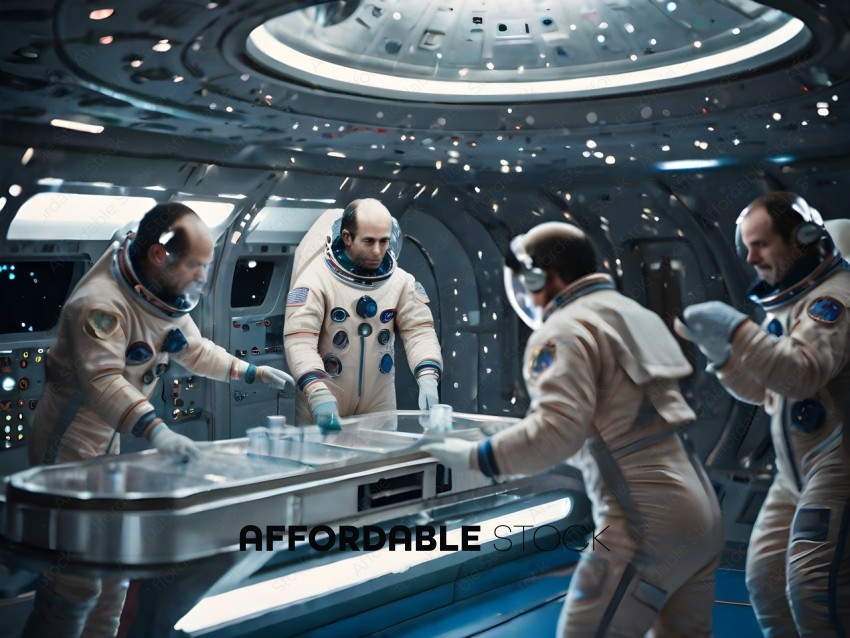 Three Astronauts in Space Suits in a Control Room