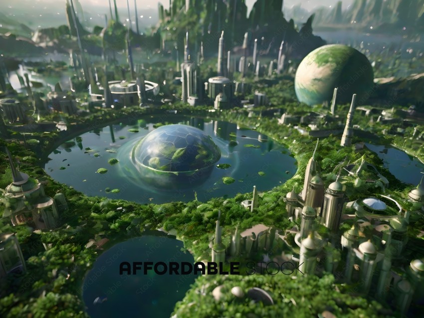 A futuristic city with a large dome and a planet in the middle