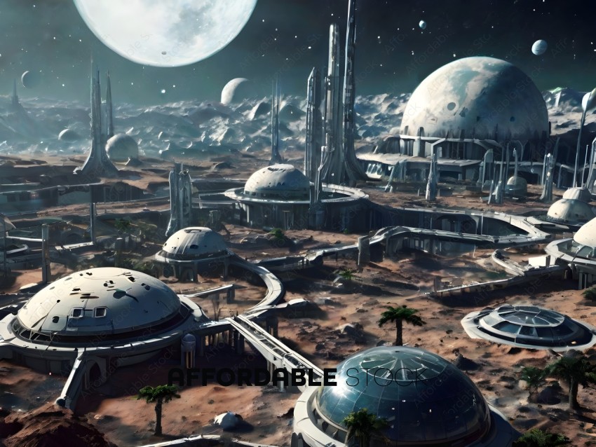 Ancient Alien City with Large Buildings and Planets