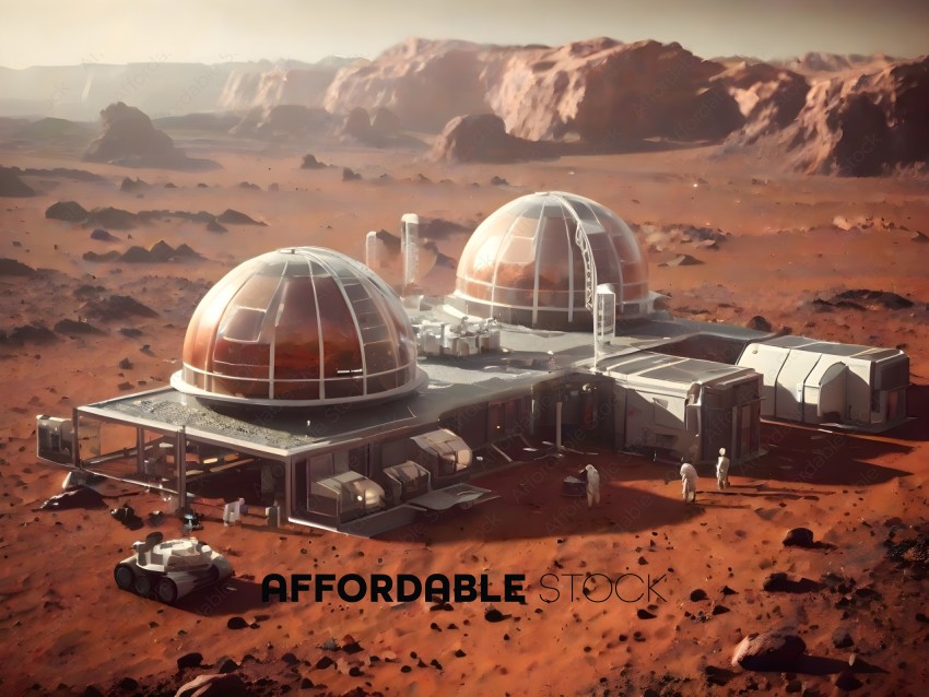 A futuristic looking building with two domes on a desert landscape