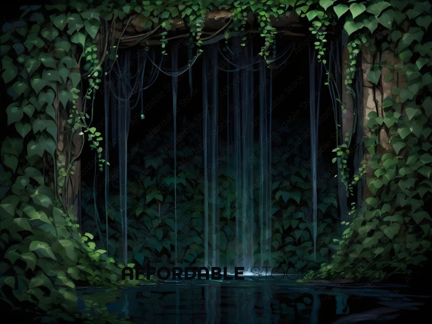 A waterfall in a cave with plants growing on the sides