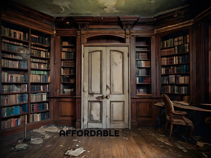 A room with a large wooden bookcase and a door that is open