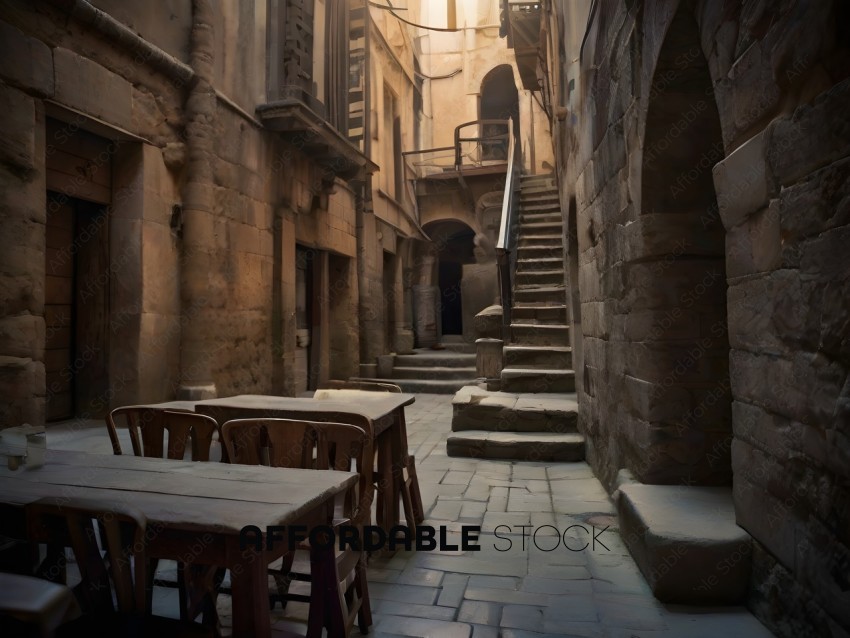 A view of a courtyard with a table and chairs