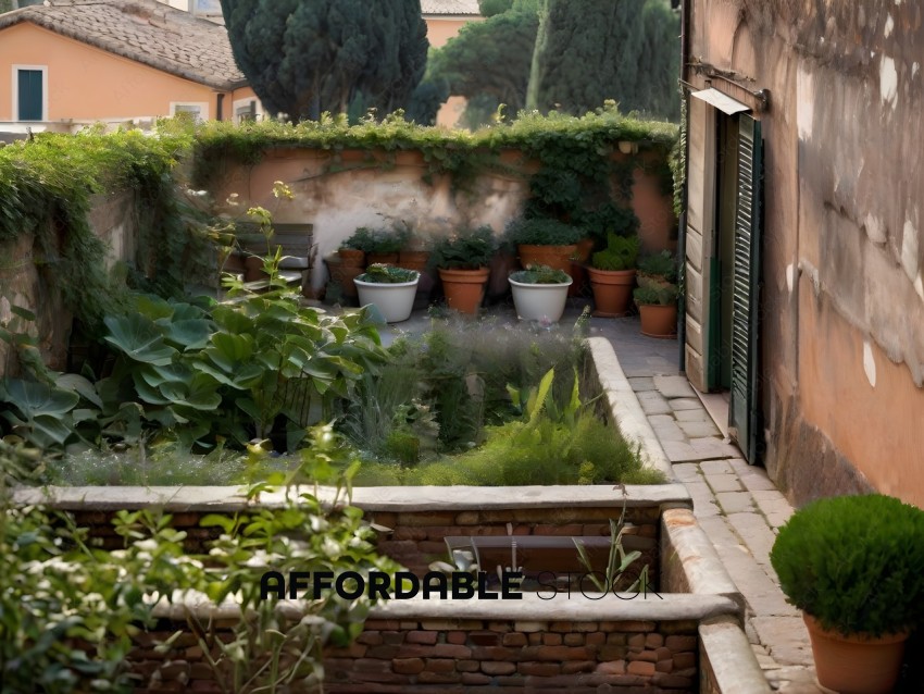 A view of a garden with many potted plants