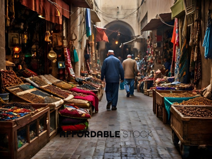 Two men walking down a market street