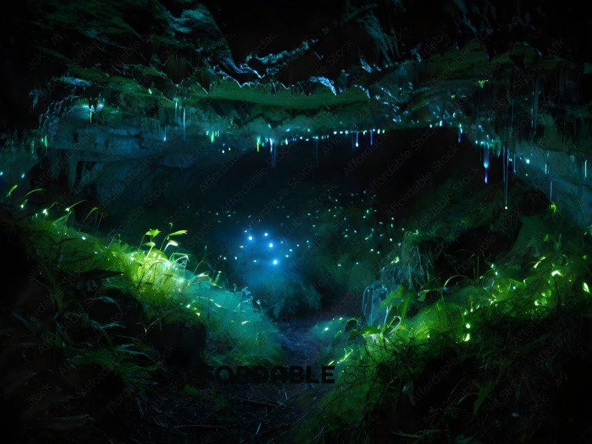 A dark, glowing cave with a blue light
