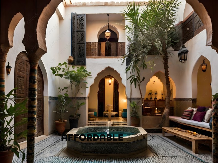 A beautifully decorated courtyard with a large pool and plants