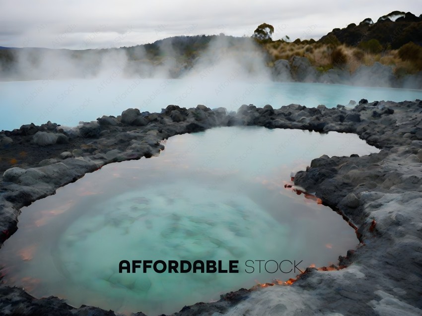 A hot spring with a blue pool of water