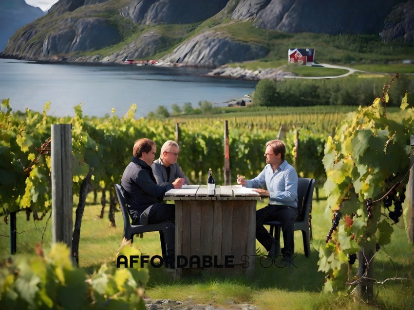 Four men sitting at a picnic table in a vineyard