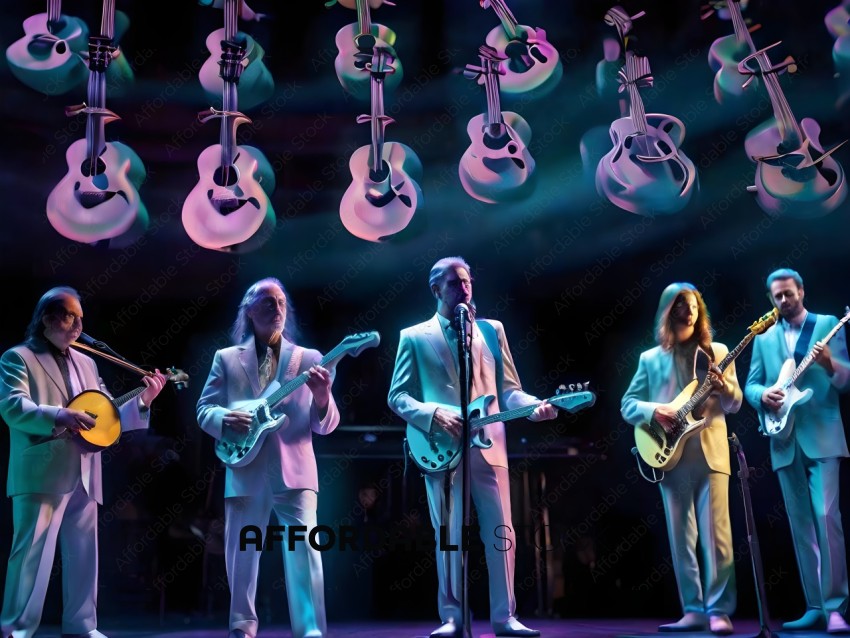 A band of four men wearing suits and playing guitars