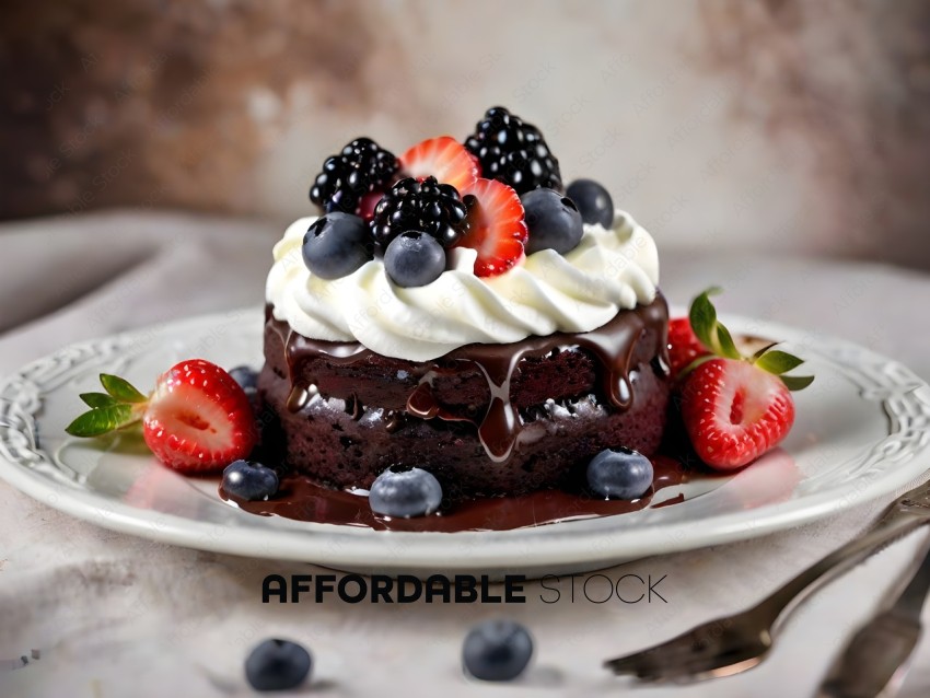 A delicious chocolate cake with berries and whipped cream