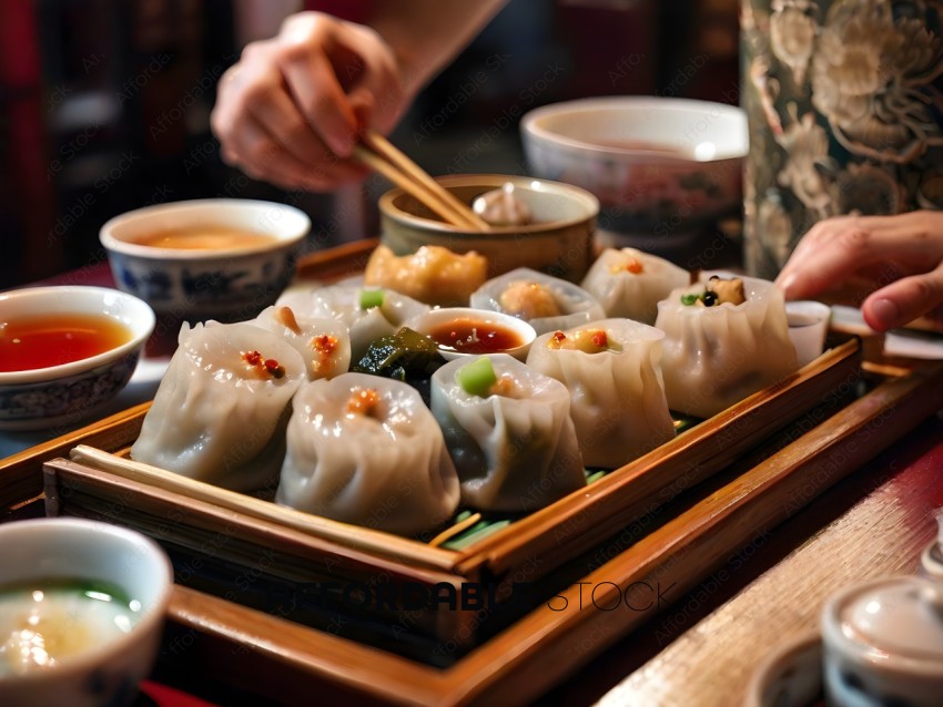 A person is preparing a meal with dumplings and sauce