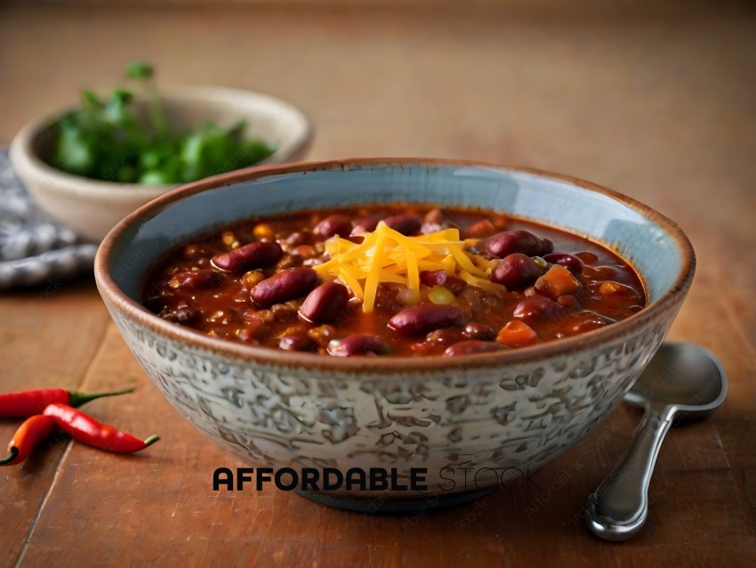 A bowl of red chili with cheese on top