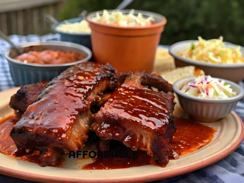 A plate of barbecue ribs and side dishes