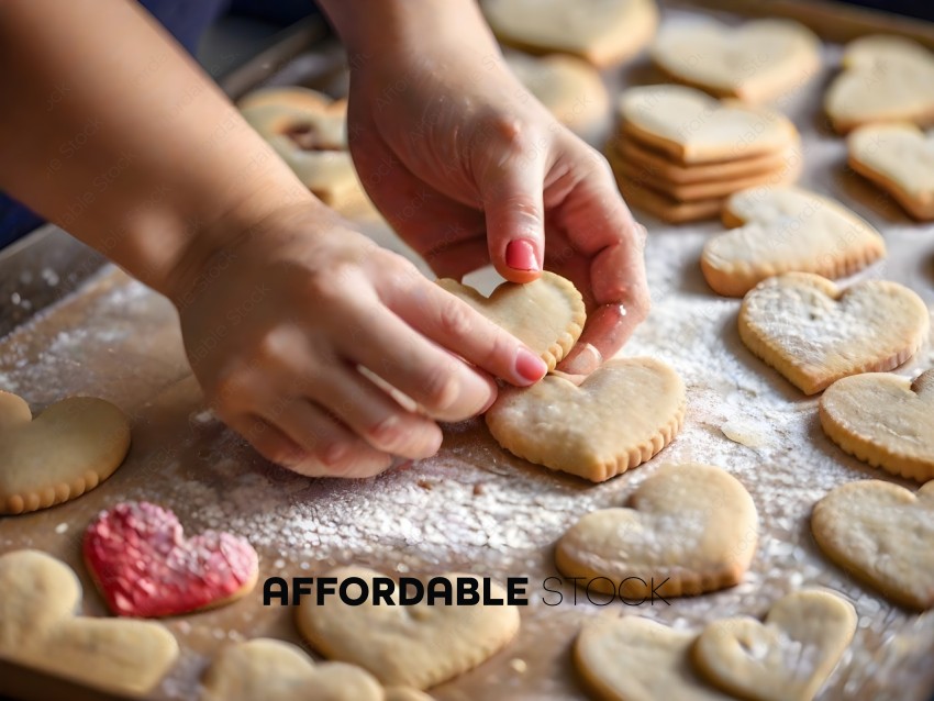 A person is making heart shaped cookies
