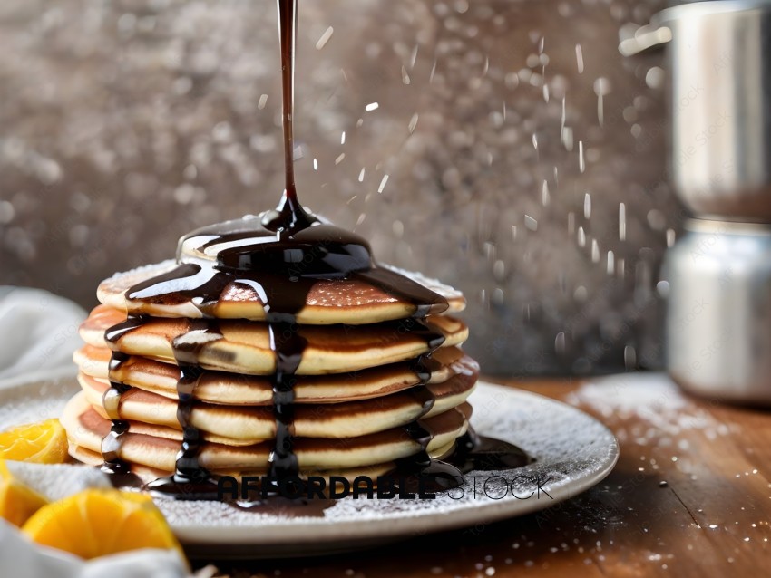 A stack of pancakes with chocolate syrup drizzled on top