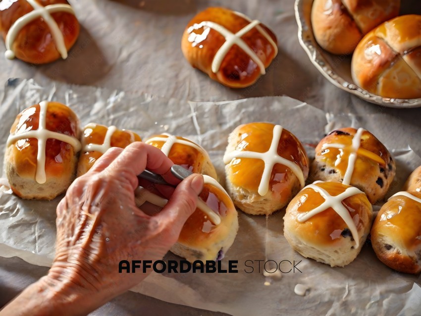 A person is decorating a pastry with a cross pattern