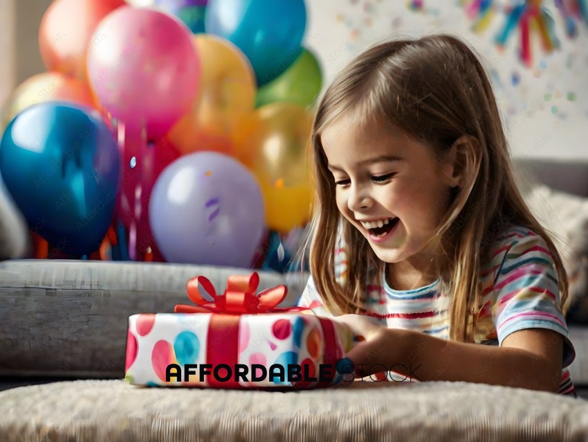A little girl opening a birthday present with balloons in the background