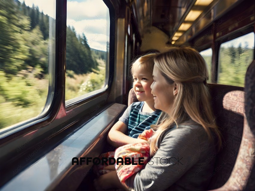 A mother and her son are sitting on a train and looking out the window