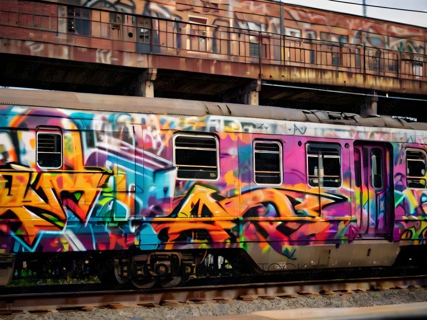 Graffiti-covered train on tracks