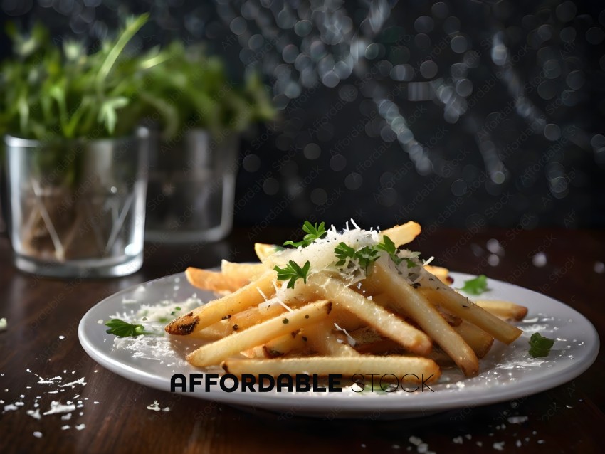 A plate of french fries with cheese and parsley on a table