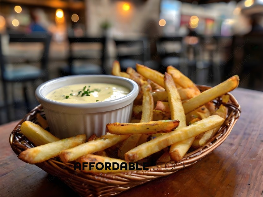 A basket of french fries with a dipping sauce