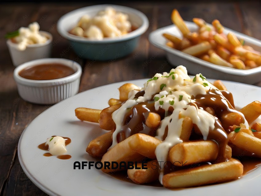 A plate of french fries with cheese and gravy
