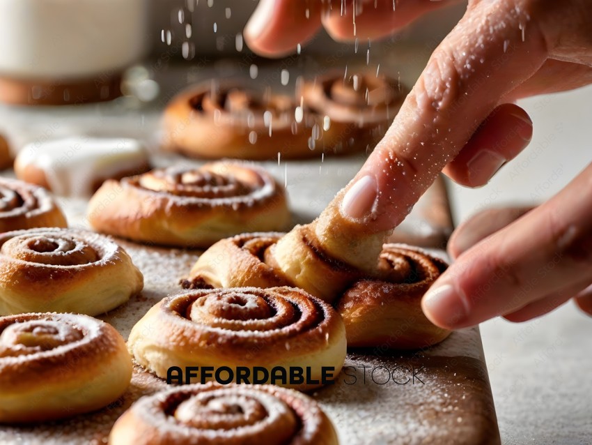 A person sprinkles sugar on a pastry