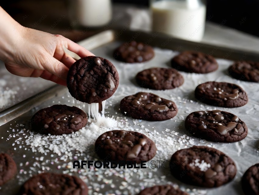 A person is sprinkling powdered sugar on a batch of cookies