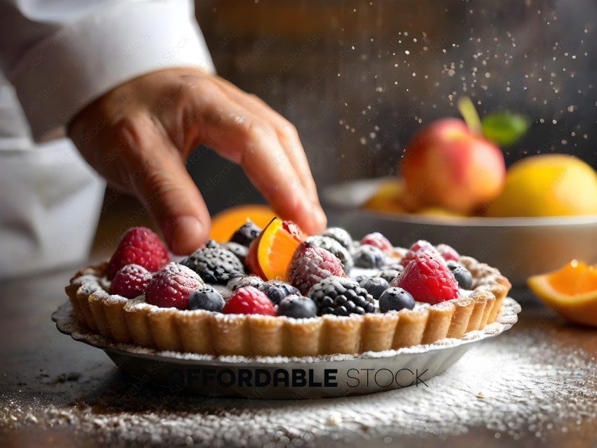 A person is cutting a pie with fruit on it