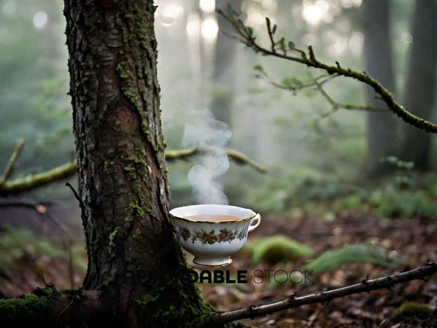 A cup of tea sits on a tree branch