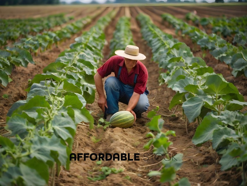 Man in a field with a watermelon