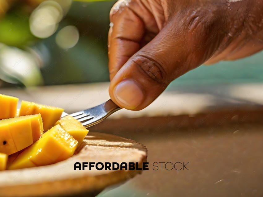 A person is cutting a piece of fruit with a fork