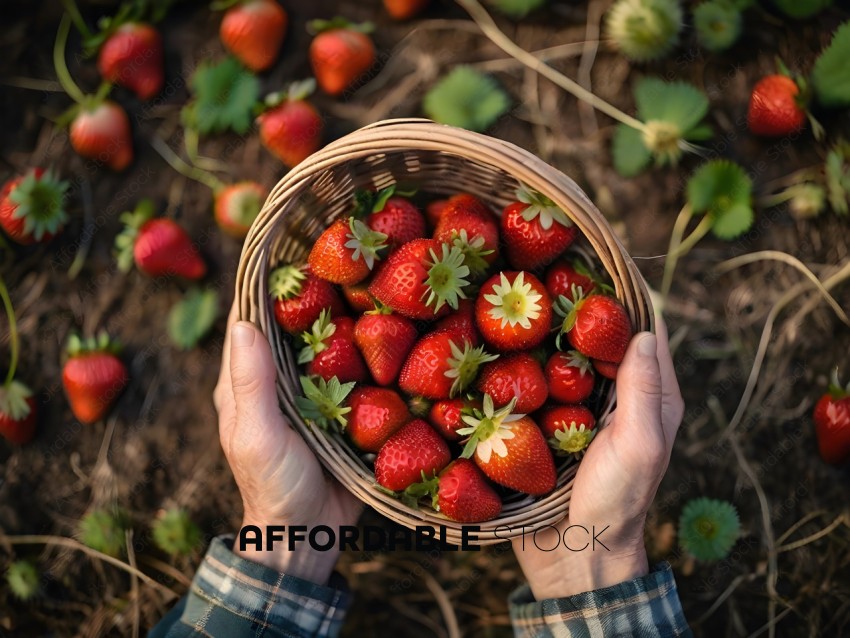 A person holding a basket of strawberries