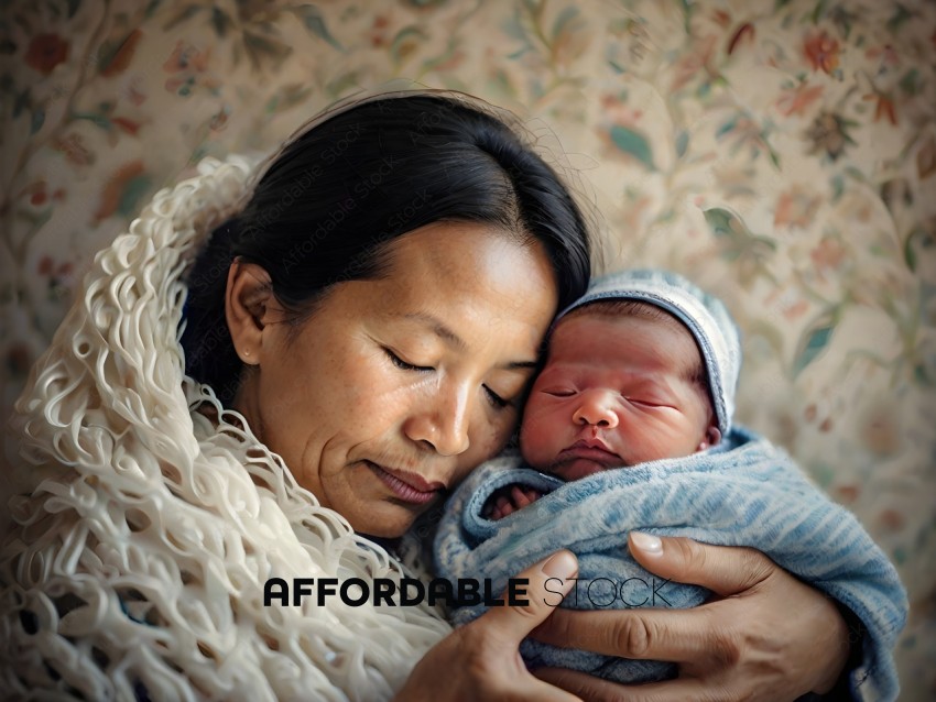 A woman holding a baby wrapped in a blanket