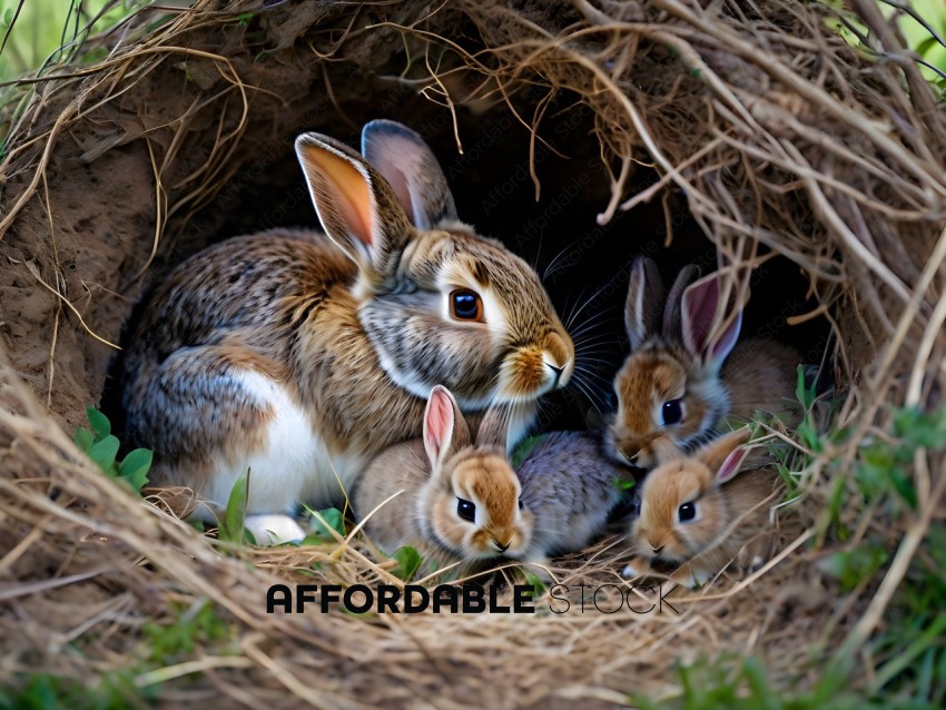 A family of rabbits in a nest